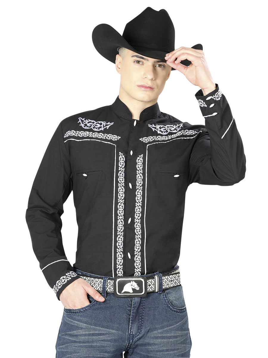 Camisa Vaquera Charra Bordada Manga Larga Negro para Hombre 'El Señor de los Cielos' - ID: 40782 Camisas Charras El Señor de los Cielos