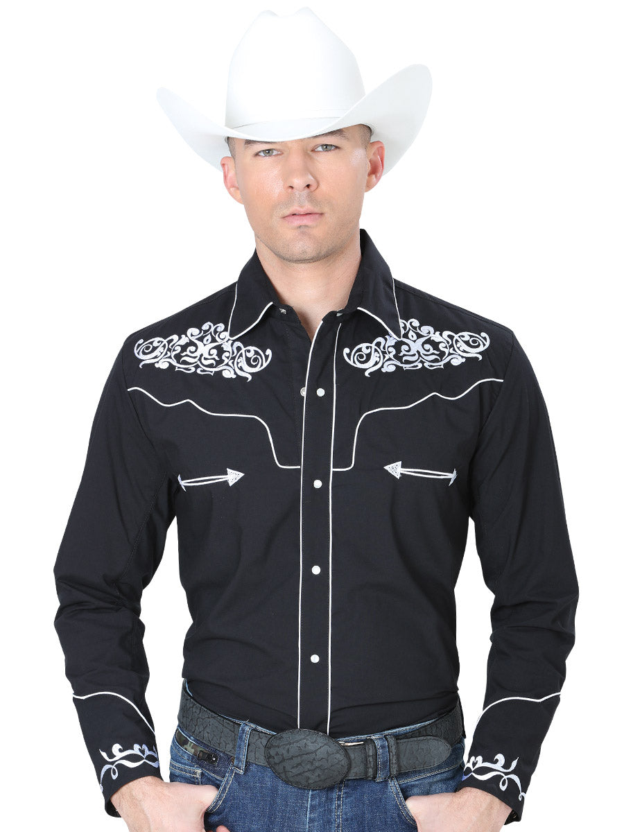 Camisa Vaquera Bordada Manga Larga Negro para Hombre 'El General' - ID: 40987 Camisas Bordadas El General Black