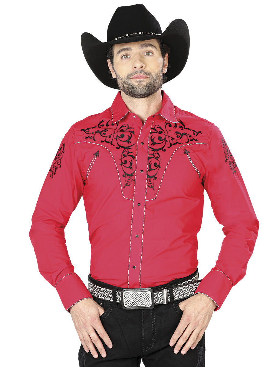 Camisa Vaquera Bordada Manga Larga Rojo para Hombre 'El Señor de los Cielos' - ID: 40992 Camisas Bordadas El Señor de los Cielos