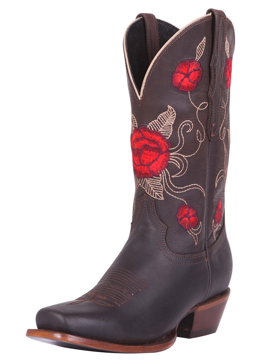 Botas Vaqueras Rodeo con Tubo Bordado de Flores de Piel Genuina para Mujer 'El General' - ID: 41785 Botas Rodeo Piel Genuina El General