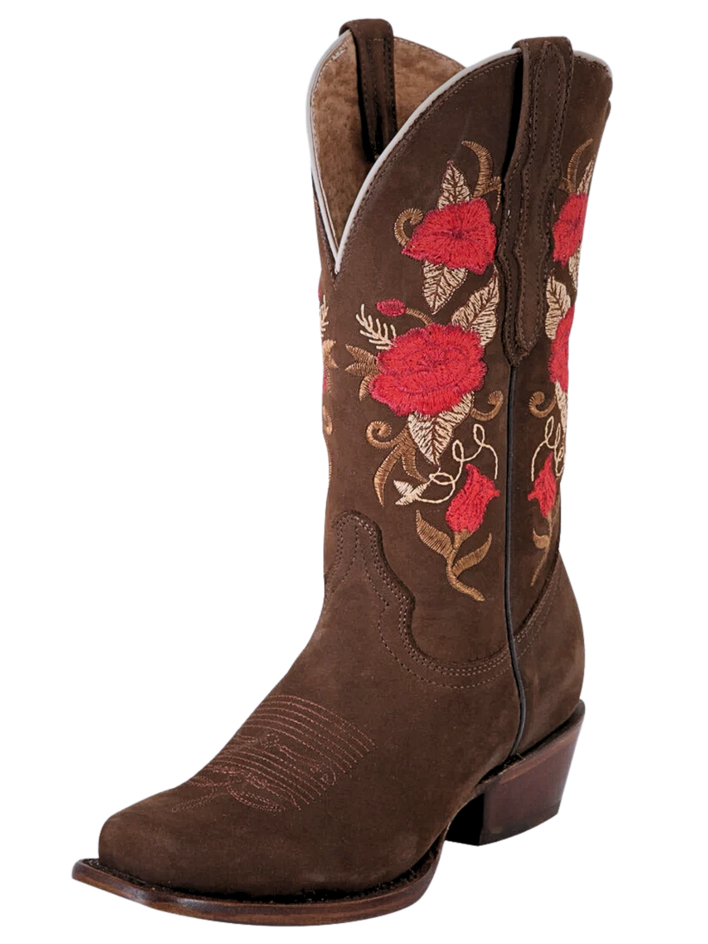 Botas Vaqueras Rodeo con Tubo Bordado de Flores de Piel Nobuck para Mujer 'El General' - ID: 42025 Botas Rodeo Piel Nobuck El General