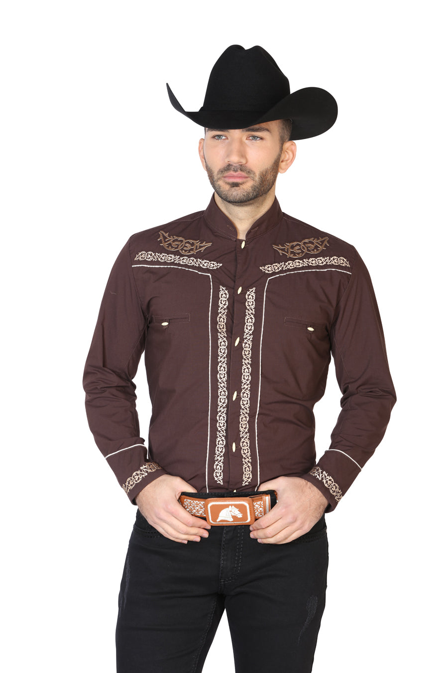 Camisa Vaquera Charra Bordada Manga Larga Cafe para Hombre 'El Señor de los Cielos' - ID: 42876 Camisas Charras El Señor de los Cielos