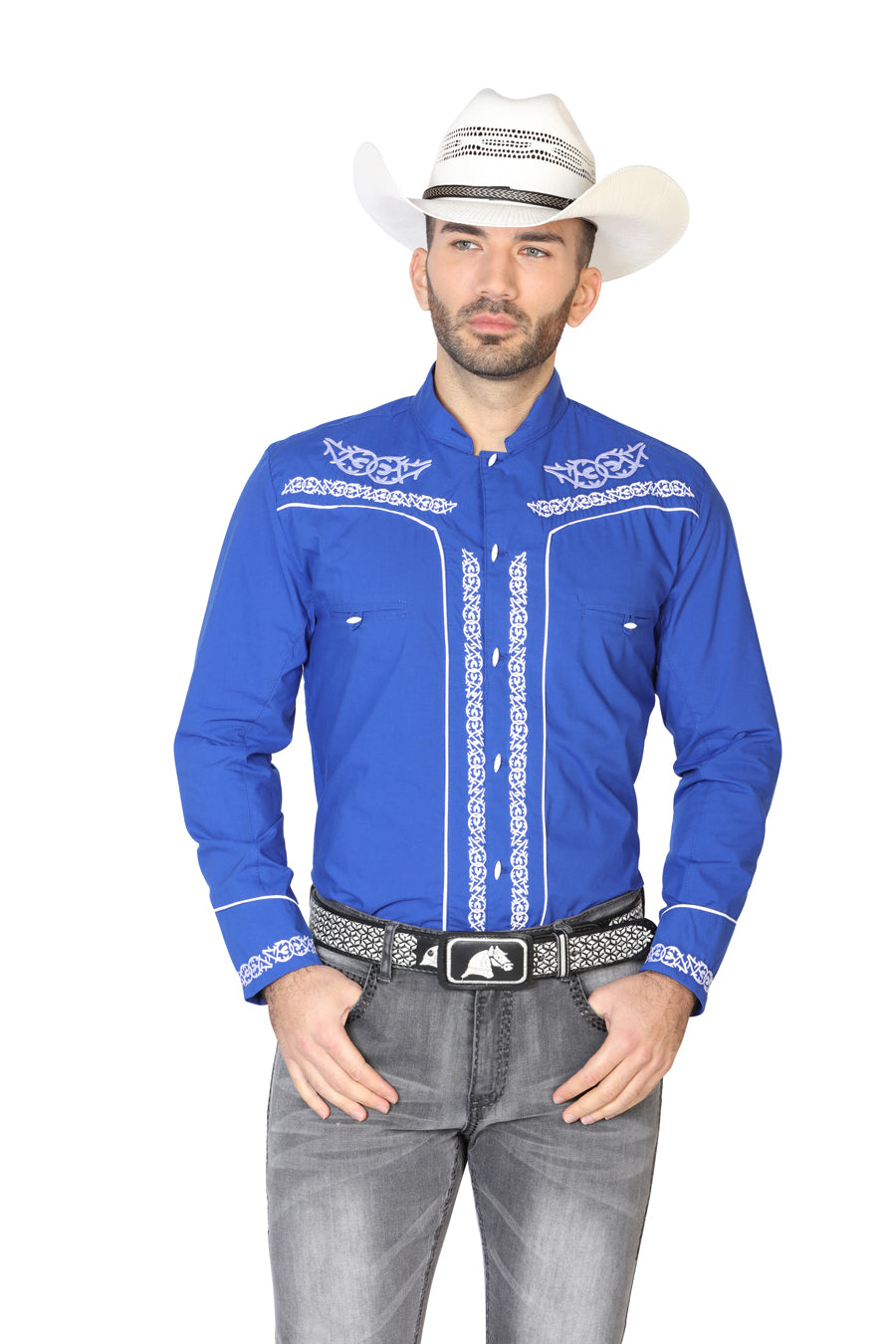 Camisa Vaquera Charra Bordada Manga Larga Azul Rey para Hombre 'El Señor de los Cielos' - ID: 42878 Camisas Charras El Señor de los Cielos