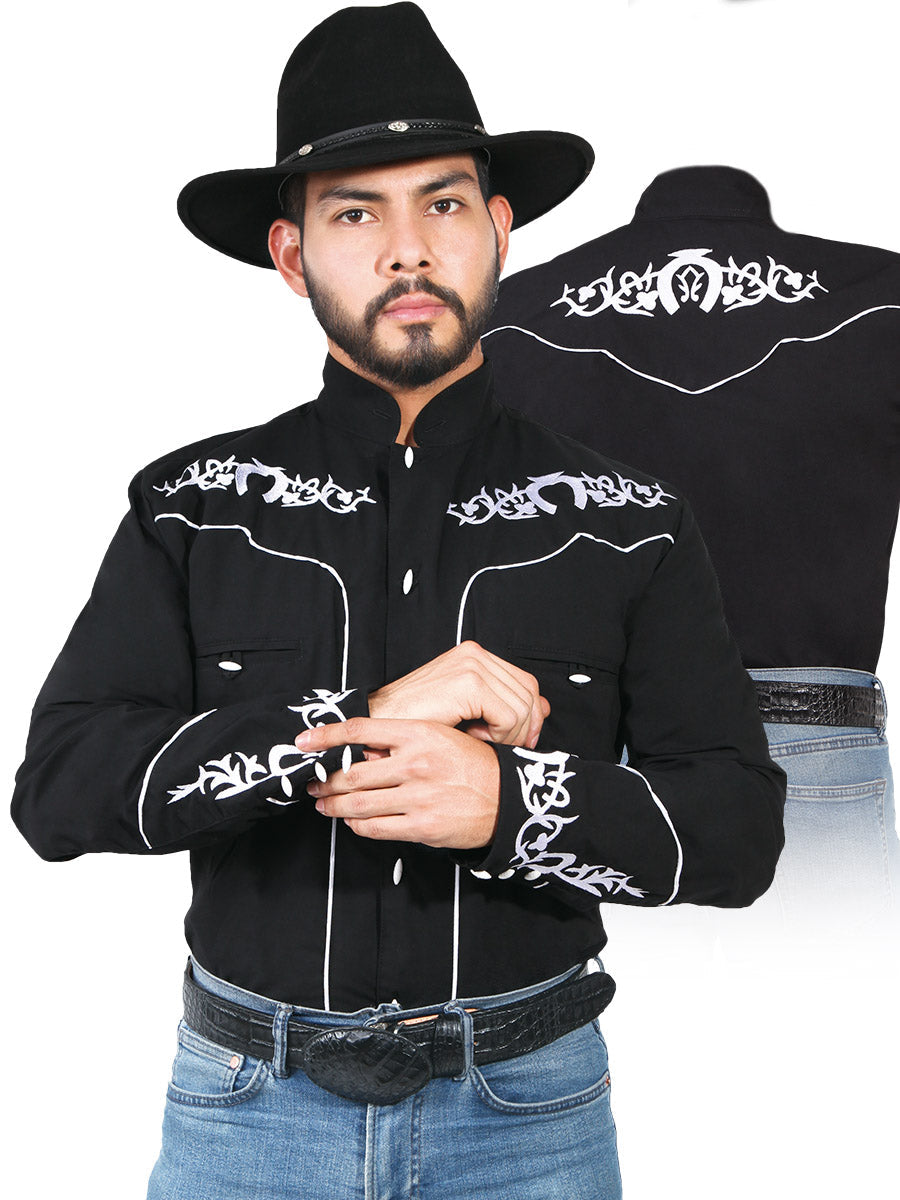 Camisa Vaquera Charra Bordada Manga Larga Negro para Hombre 'El Señor de los Cielos' - ID: 42879 Camisas Charras El Señor de los Cielos