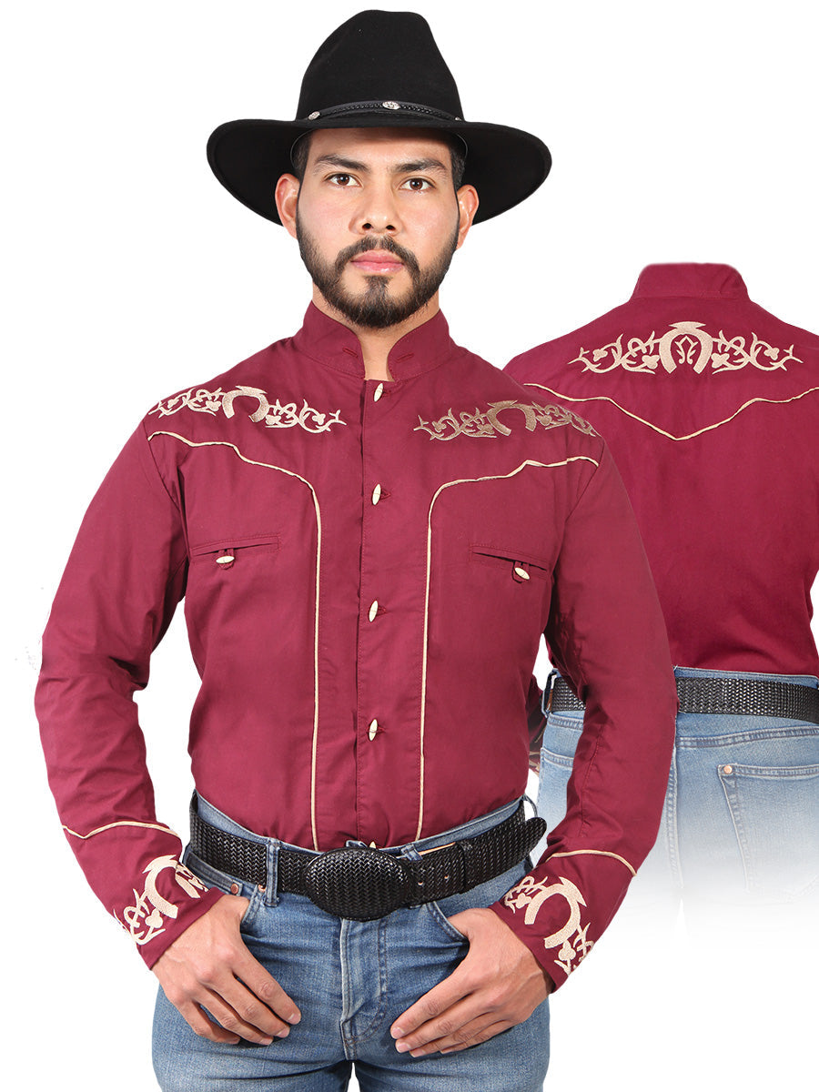 Camisa Vaquera Charra Bordada Manga Larga Burgandy para Hombre 'El Señor de los Cielos' - ID: 42880 Camisas Charras El Señor de los Cielos
