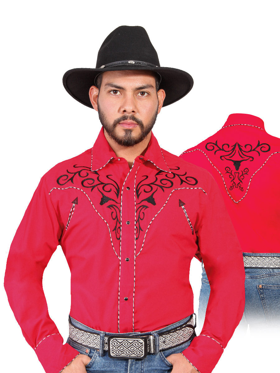 Camisa Vaquera Bordada Manga Larga Rojo para Hombre 'El Señor de los Cielos' - ID: 42889 Camisas Bordadas El Señor de los Cielos
