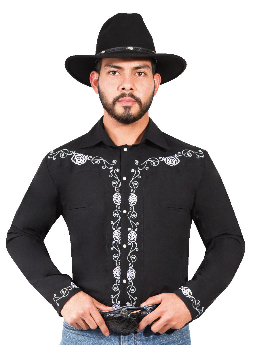 Camisa Vaquera Bordada Manga Larga Negro para Hombre 'El Señor de los Cielos' - ID: 42937 Camisas Bordadas El Señor de los Cielos