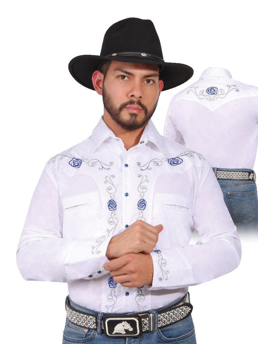 Camisa Vaquera Bordada Manga Larga Blanco para Hombre 'El Señor de los Cielos' - ID: 42938 Camisas Bordadas El Señor de los Cielos