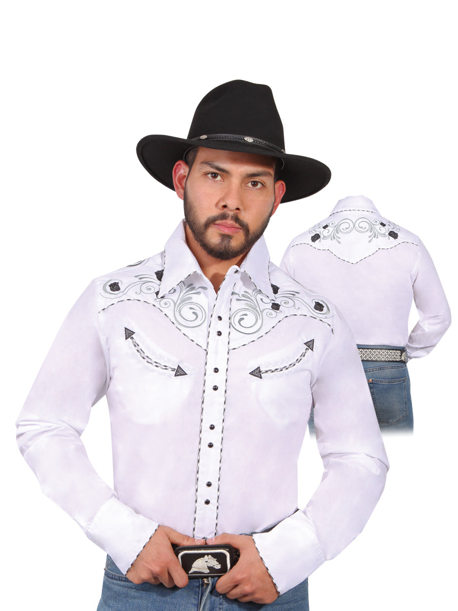Camisa Vaquera Bordada Manga Larga Blanco para Hombre 'El Señor de los Cielos' - ID: 42941 Camisas Bordadas El Señor de los Cielos