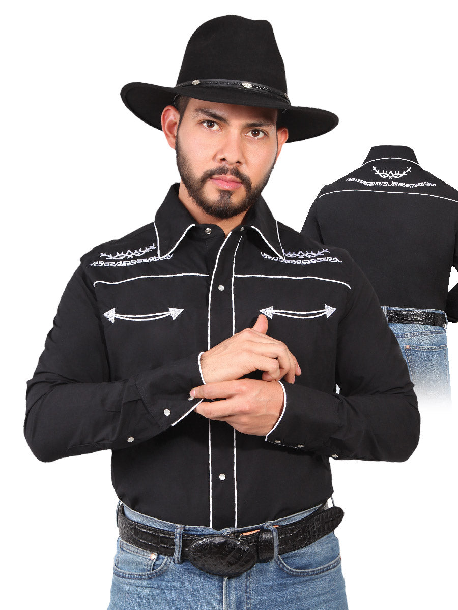 Camisa Vaquera Bordada Manga Larga Negro para Hombre 'El Señor de los Cielos' - ID: 42949 Camisas Bordadas El Señor de los Cielos