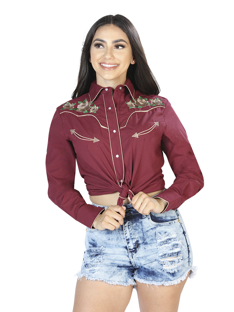 Camisa Vaquera Manga Larga Bordada Floral Vino para Mujer 'El General' - ID: 42965 Camisas Bordadas El General