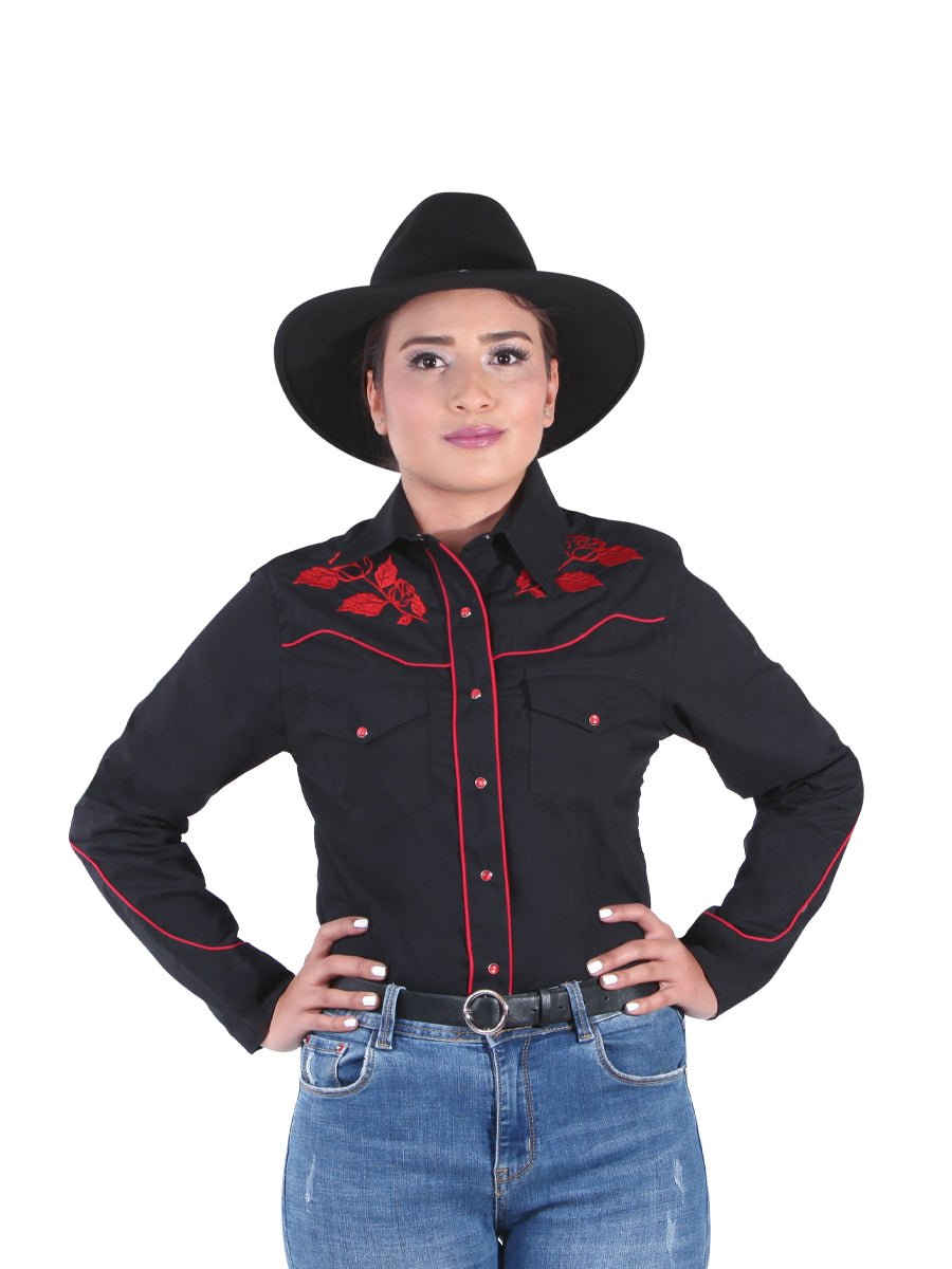 Camisa Vaquera Manga Larga Bordada Floral Negro para Mujer 'El General' - ID: 42967 Camisas Bordadas El General