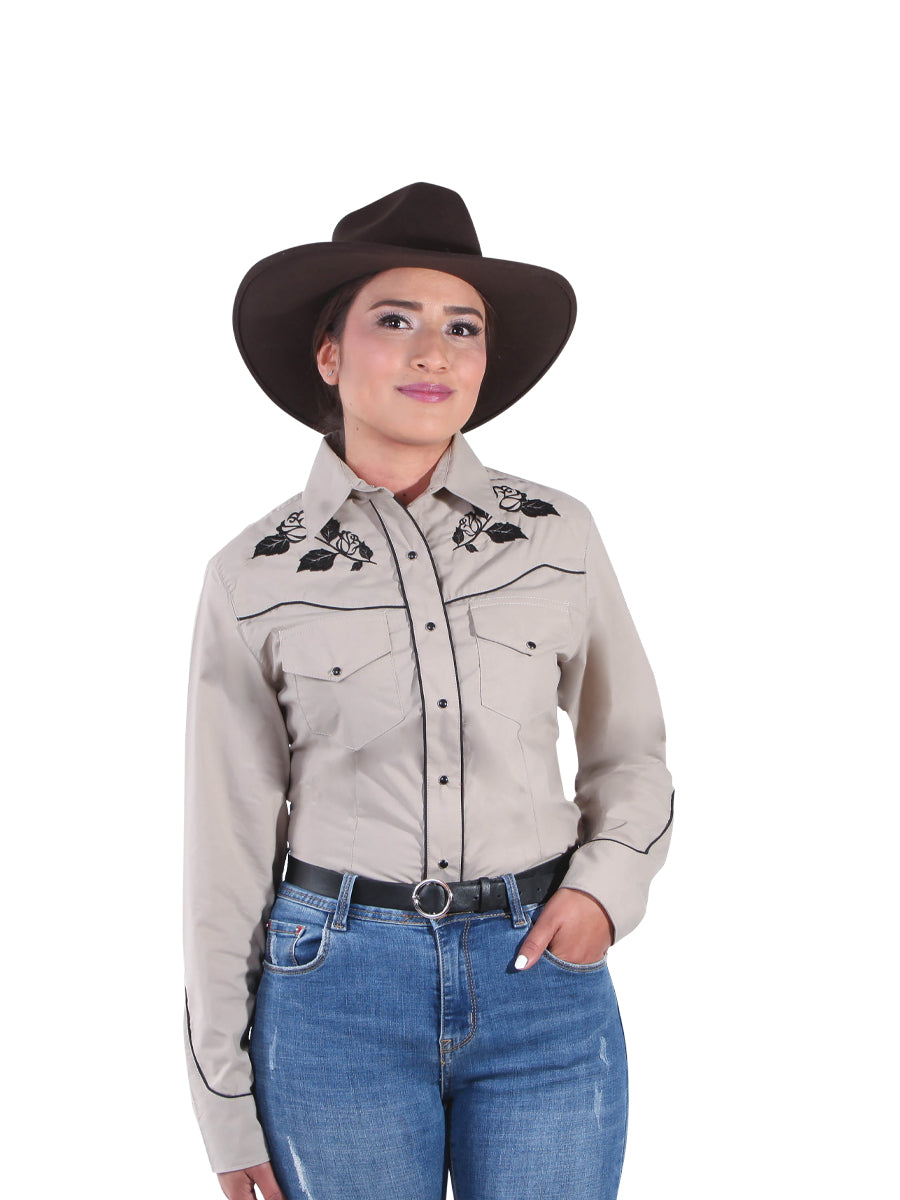 Camisa Vaquera Manga Larga Bordada Floral Caqui para Mujer 'El General' - ID: 42969 Camisas Bordadas El General