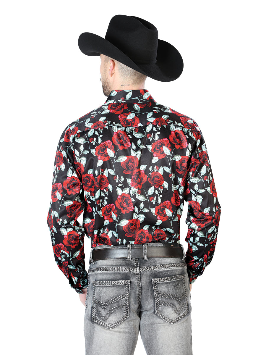 Camisa Vaquera Manga Larga Estampada Floral Negro/Rosas para Hombre 'El Señor de los Cielos' - ID: 43667 Camisas Florales El Señor de los Cielos