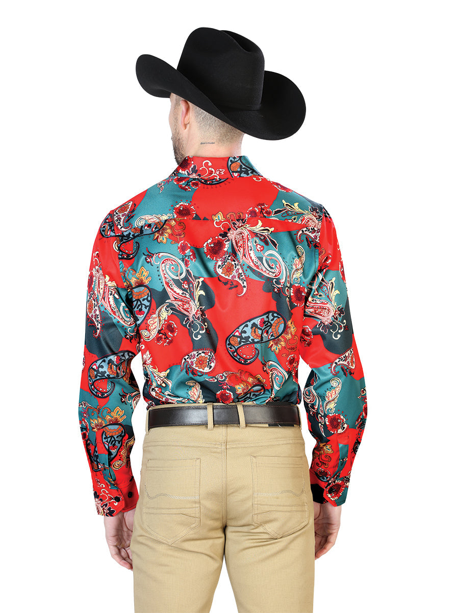 Camisa Vaquera Manga Larga Estampada Rojo para Hombre 'El Señor de los Cielos' - ID: 43668 Camisas Estampadas El Señor de los Cielos