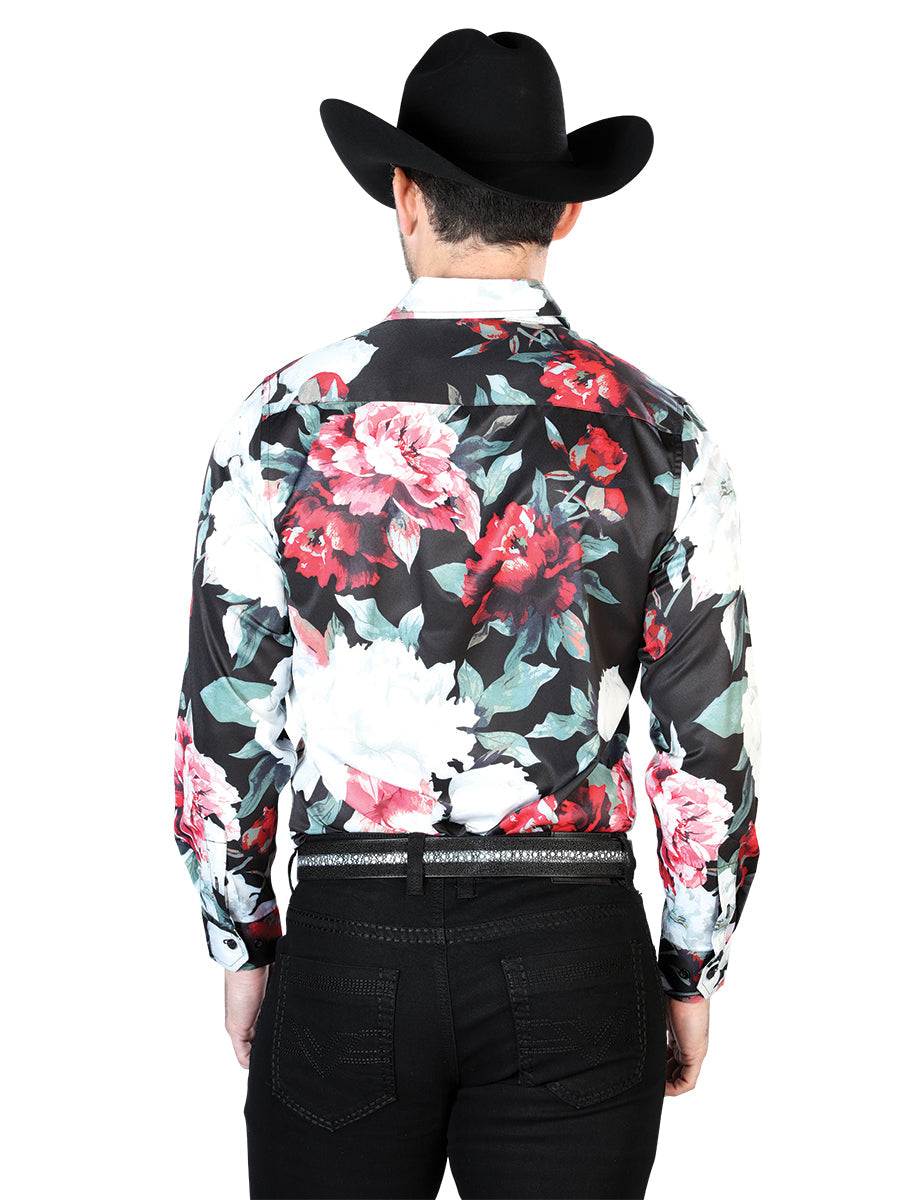 Camisa Vaquera Manga Larga Estampada Floral Negro/Rosas para Hombre 'El Señor de los Cielos' - ID: 43670 Camisas Florales El Señor de los Cielos