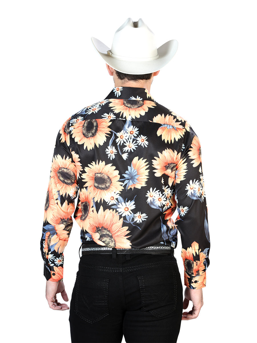 Camisa Vaquera Manga Larga Estampada Floral Negro/Girasoles para Hombre 'El Señor de los Cielos' - ID: 43671 Camisas Florales El Señor de los Cielos