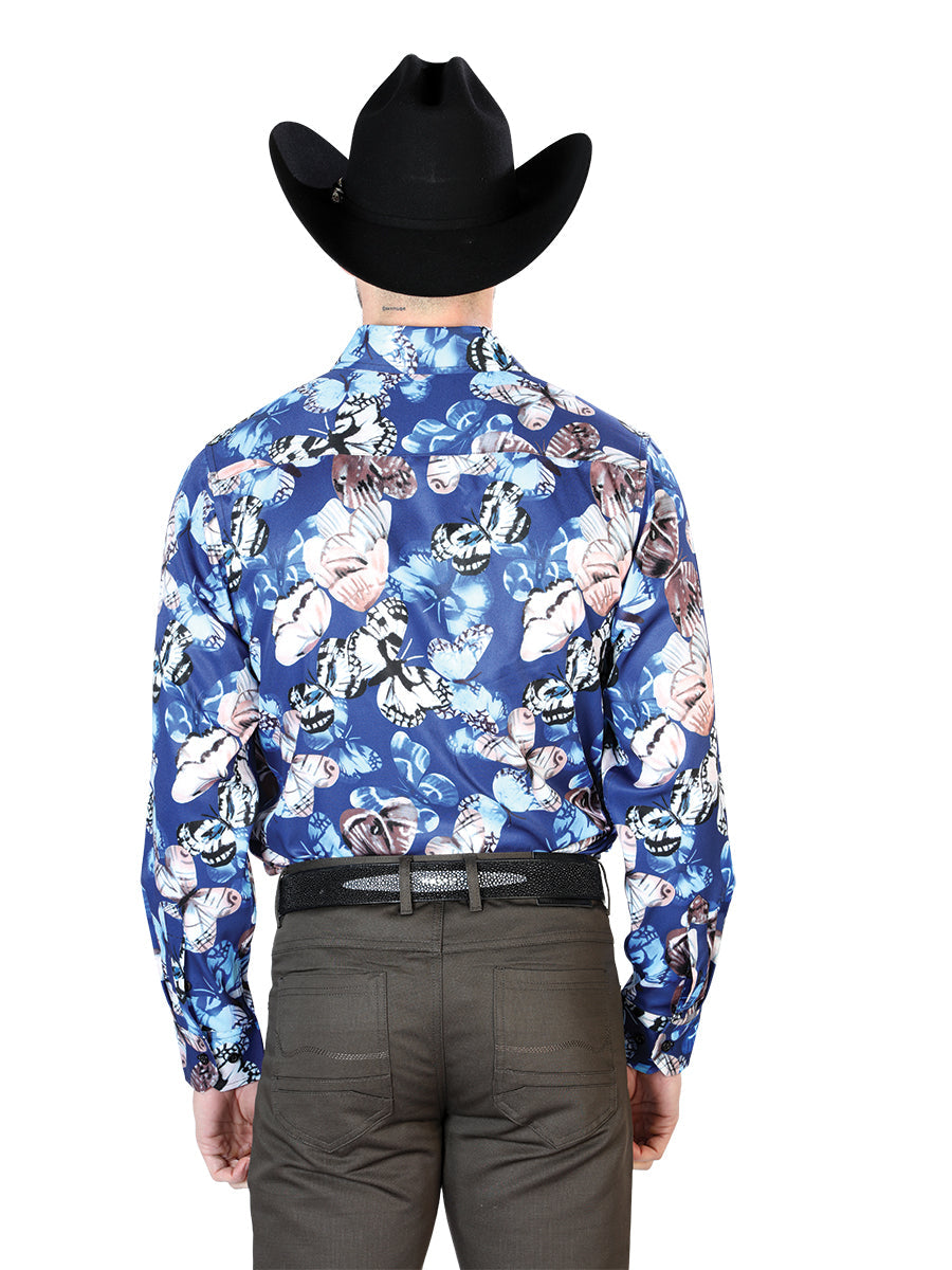Camisa Vaquera Manga Larga Estampada Mariposas Azul para Hombre 'El Señor de los Cielos' - ID: 43674 Camisas Estampadas El Señor de los Cielos