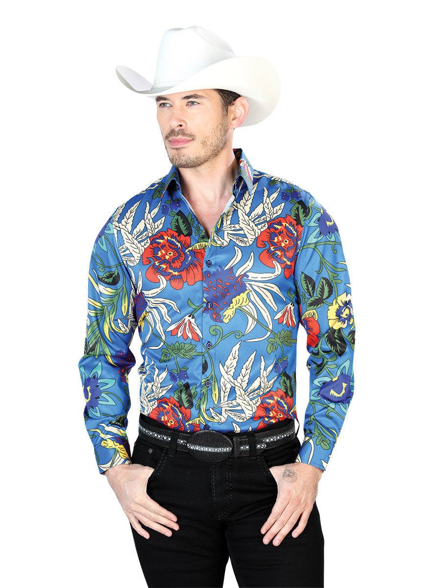 Camisa Vaquera Manga Larga Estampada Floral Azul Rey para Hombre 'El Señor de los Cielos' - ID: 43677 Camisas Florales El Señor de los Cielos