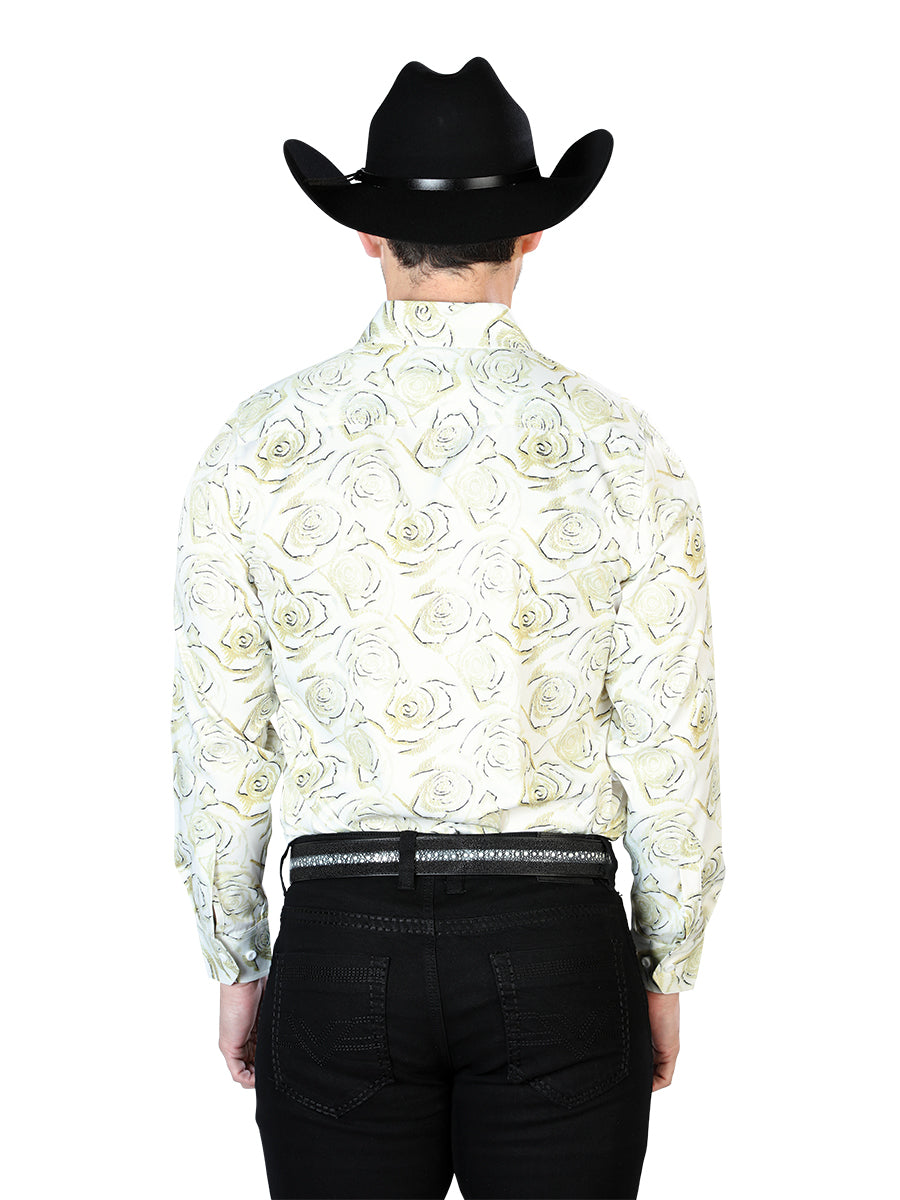 Camisa Vaquera Manga Larga Estampada Floral Marfil para Hombre 'El Señor de los Cielos' - ID: 43678 Camisas Florales El Señor de los Cielos