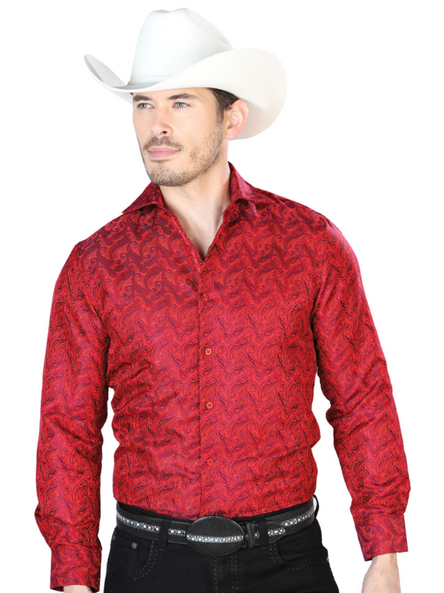 Camisa Vaquera Manga Larga Jacquard Estampada Cachemir Rojo para Hombre 'Centenario' - ID: 43709 Camisas Estampadas Centenario Red