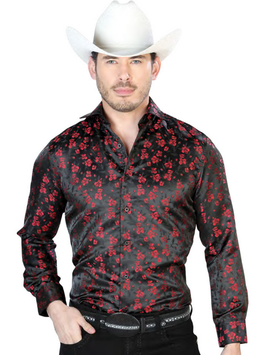 Camisa Vaquera Manga Larga Jacquard Estampada Floral Negro/Rojo para Hombre 'Centenario' - ID: 43756 Western Shirt Centenario Black/Red