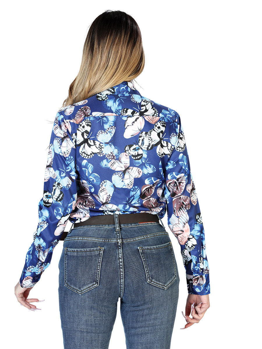 Camisa Vaquera Manga Larga Estampada Mariposas Azul/Multicolor para Mujer 'El Señor de los Cielos' - ID: 43894 Camisas Estampadas El Señor de los Cielos