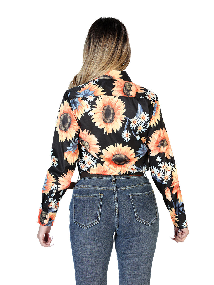 Camisa Vaquera Manga Larga Estampada Negro/Girasoles para Mujer 'El Señor de los Cielos' - ID: 43900 Camisas Florales El Señor de los Cielos