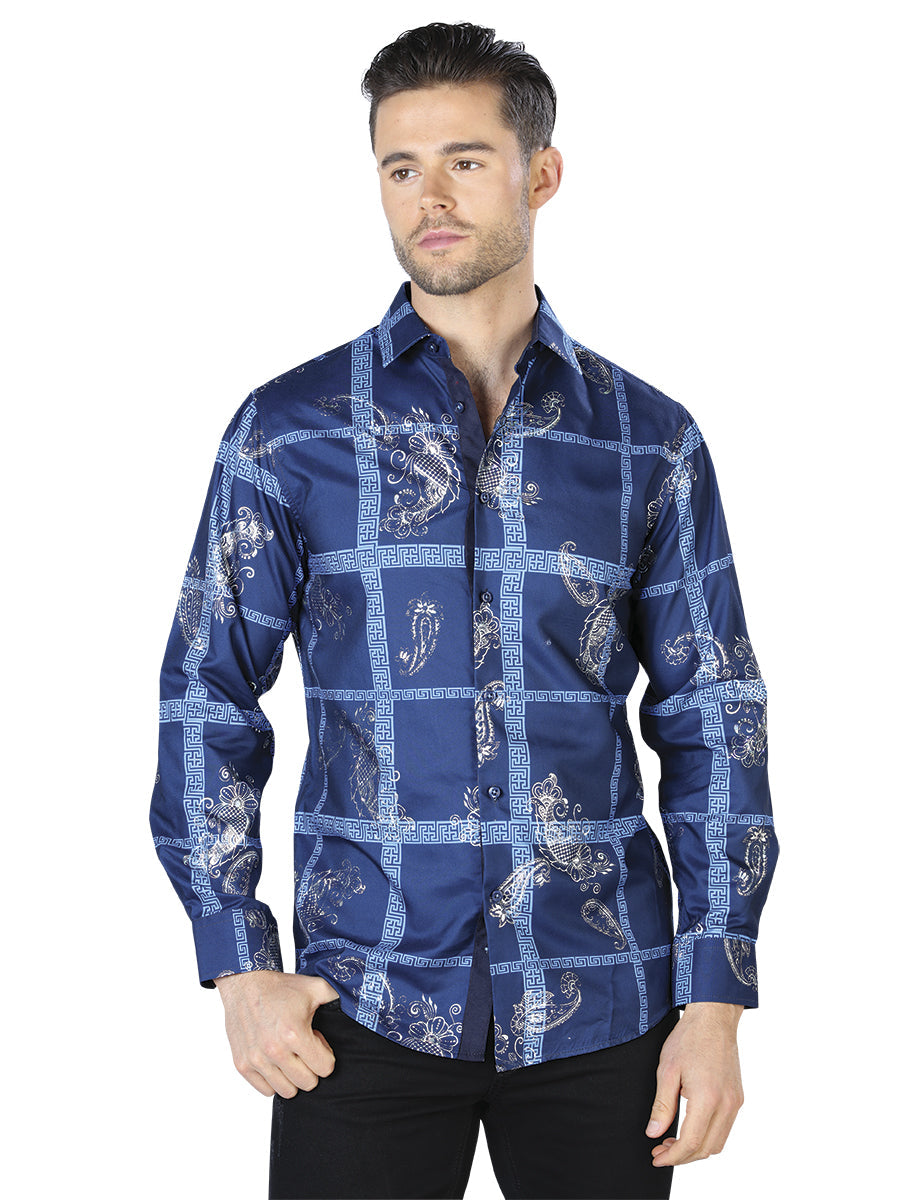 Camisa Casual Manga Larga Estampada Marino/Plata para Hombre 'El Señor de los Cielos' - ID: 44026 Camisas Estampadas El Señor de los Cielos Navy/Silver