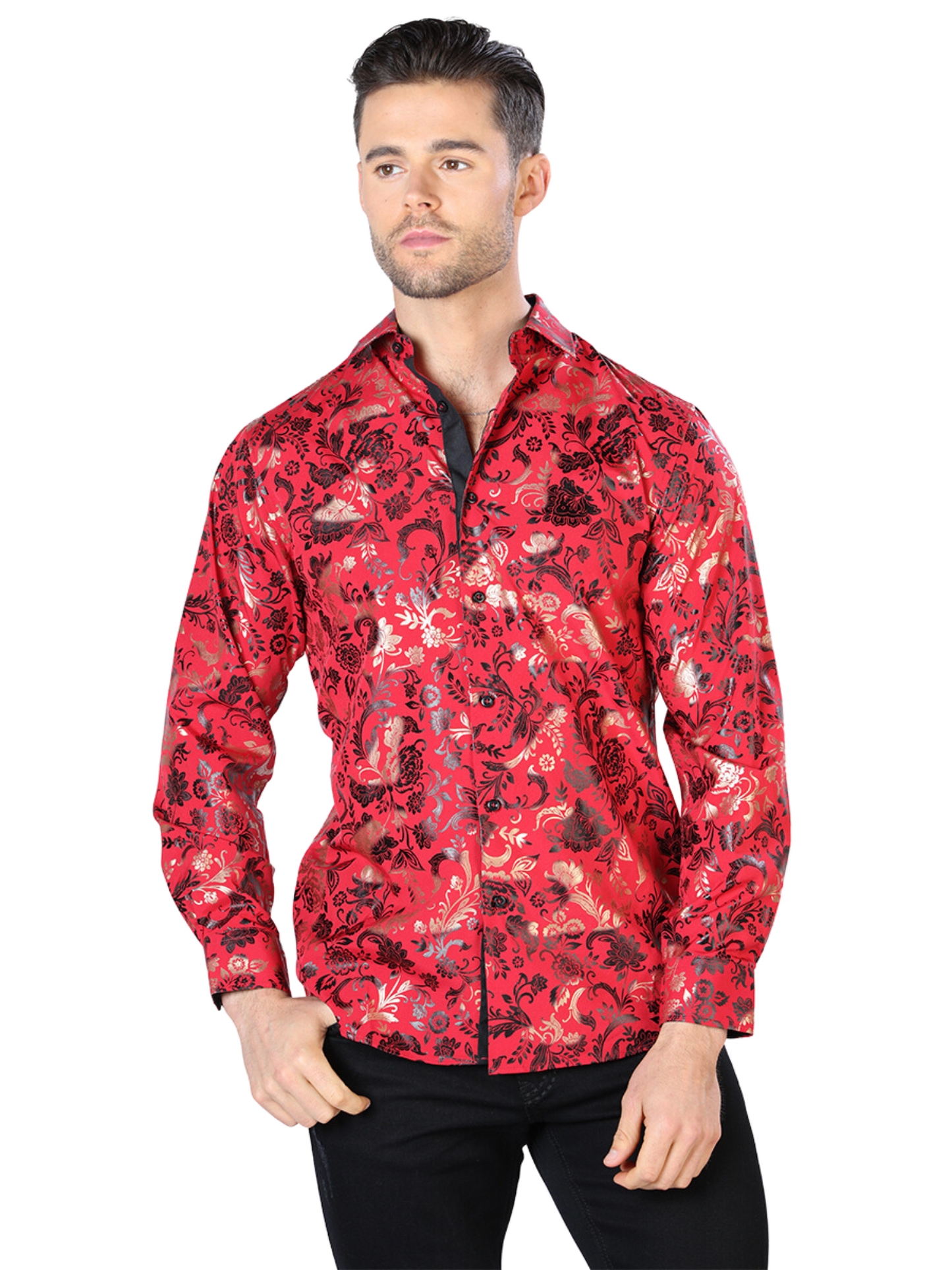 Camisa Casual Manga Larga Estampada Rojo/Oro para Hombre 'El Señor de los Cielos' - ID: 44031 Camisas Estampadas El Señor de los Cielos Red/Gold