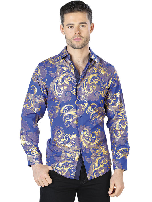 Camisa Casual Manga Larga Estampada Azul/Oro para Hombre 'El Señor de los Cielos' - ID: 44042 Casual Shirt El Señor de los Cielos Blue/Gold