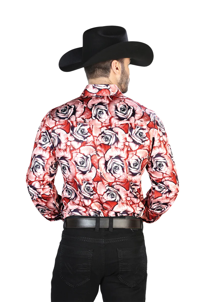 Camisa Vaquera Manga Larga Estampada Floral Rojo/Rosas para Hombre 'El Señor de los Cielos' - ID: 44068 Camisas Florales El Señor de los Cielos