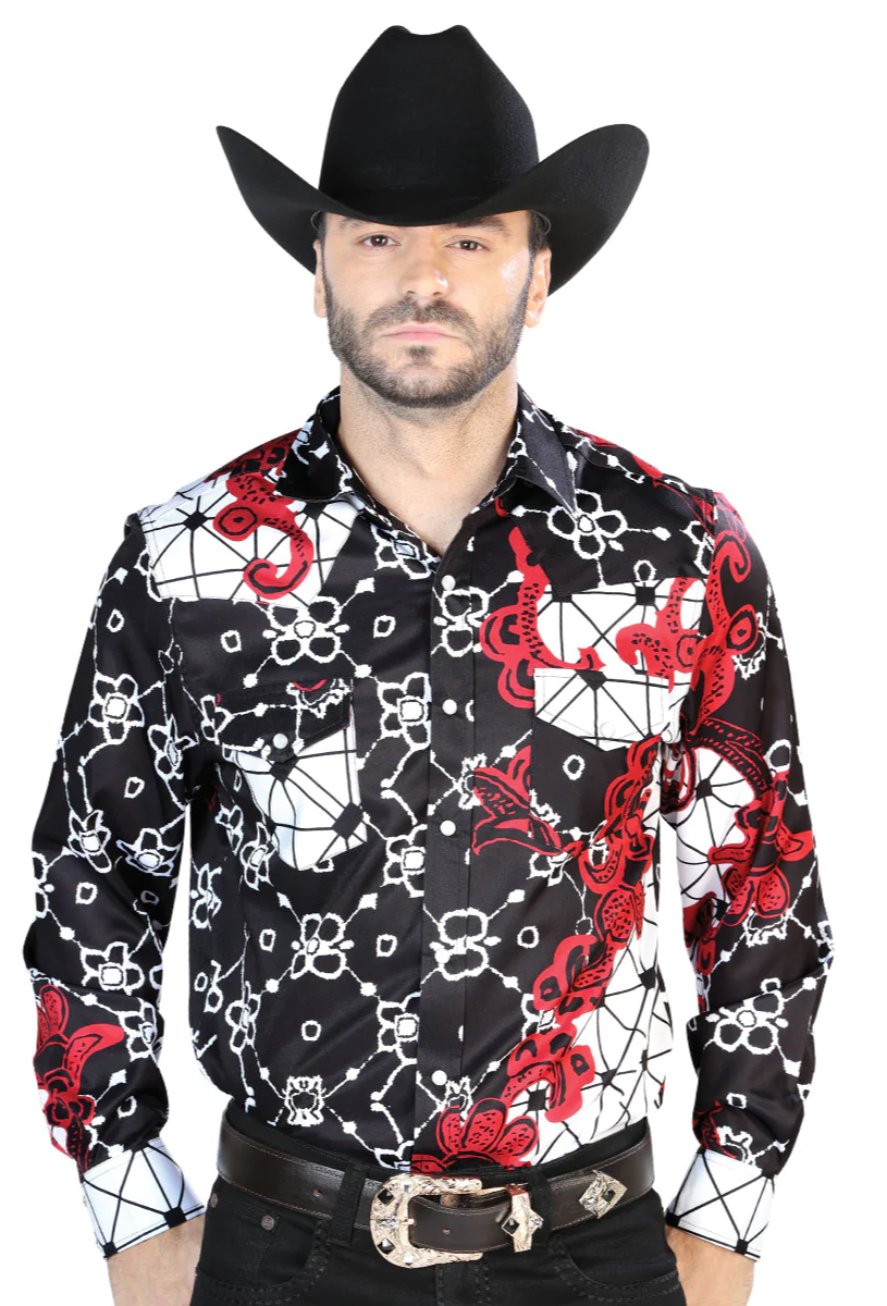 Camisa Vaquera Manga Larga Estampada Burgundy para Hombre 'El Señor de los Cielos' - ID: 44076 Camisas Estampadas El Señor de los Cielos