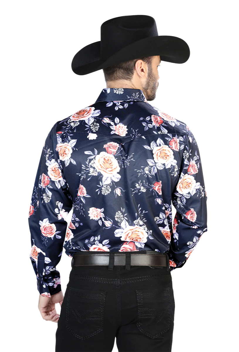 Camisa Vaquera Manga Larga Estampada Floral Marino/Rosas para Hombre 'El Señor de los Cielos' - ID: 44089 Camisas Florales El Señor de los Cielos