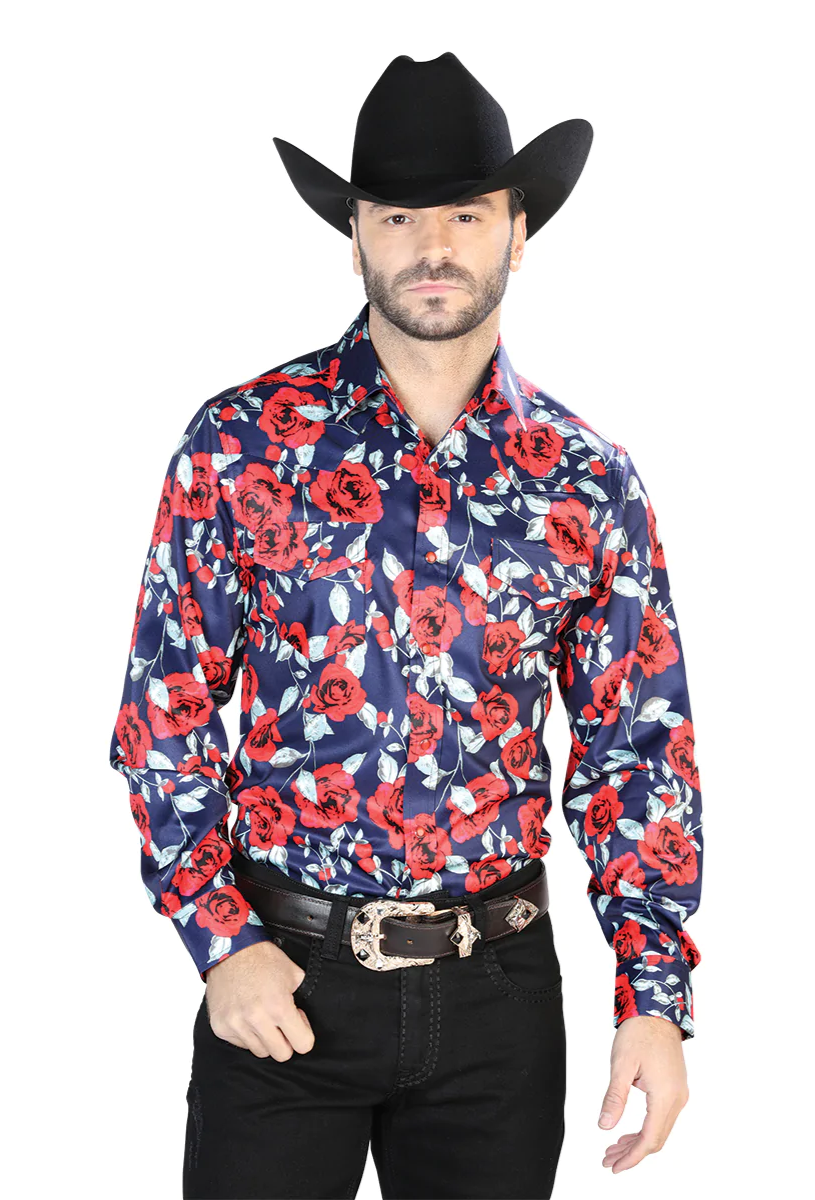 Camisa Vaquera Manga Larga Estampada Floral Ladrillo/Rosas para Hombre 'El Señor de los Cielos' - ID: 44098 Camisas Florales El Señor de los Cielos Brick/Roses