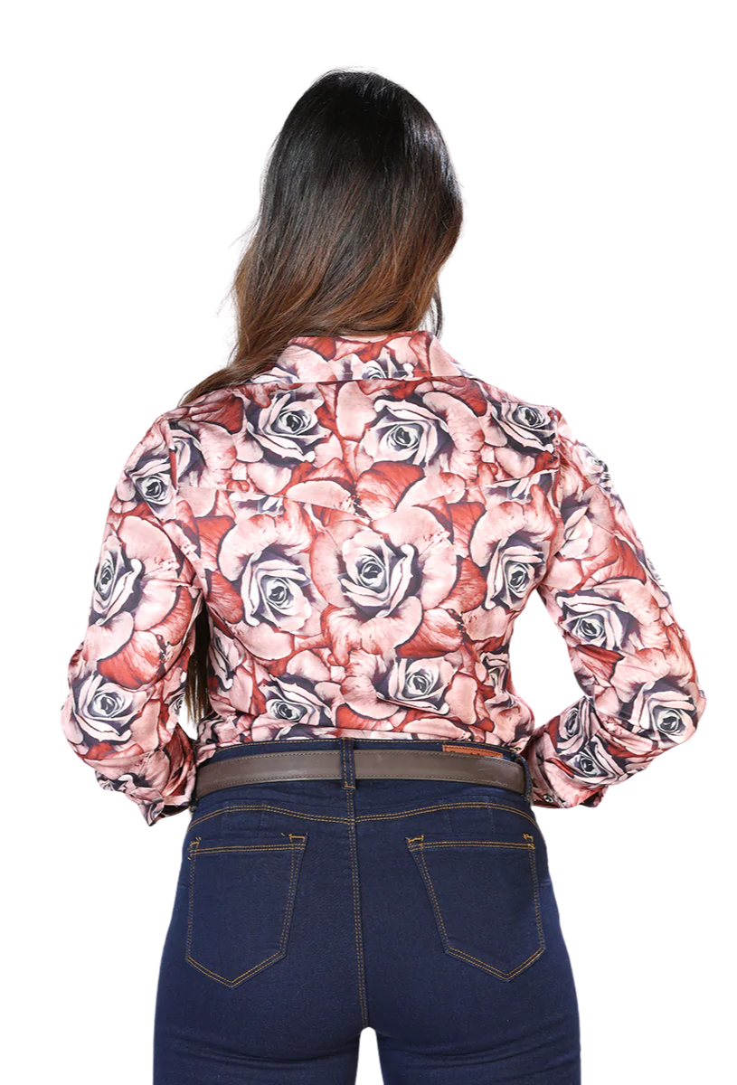 Camisa Vaquera Manga Larga Estampada Floral Rojo/Negro para Mujer 'El Señor de los Cielos' - ID: 44099 Camisas Florales El Señor de los Cielos