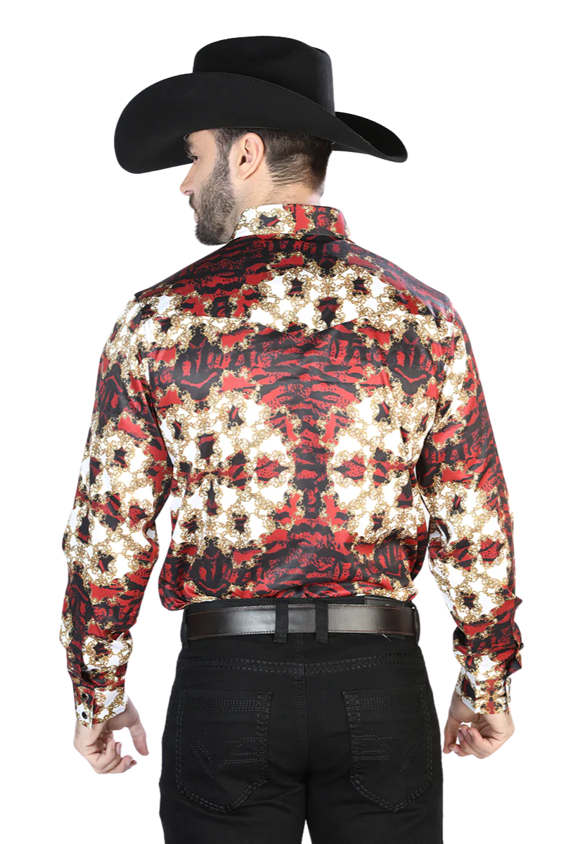 Camisa Vaquera Manga Larga Estampada Burgundy para Hombre 'El Señor de los Cielos' - ID: 44103 Camisas Estampadas El Señor de los Cielos