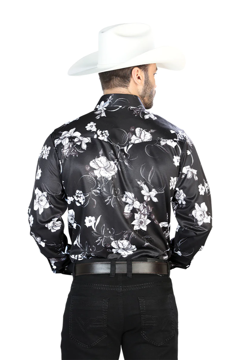 Camisa Vaquera Manga Larga Estampada Floral Negro/Blanco para Hombre 'El Señor de los Cielos' - ID: 44109 Camisas Florales El Señor de los Cielos