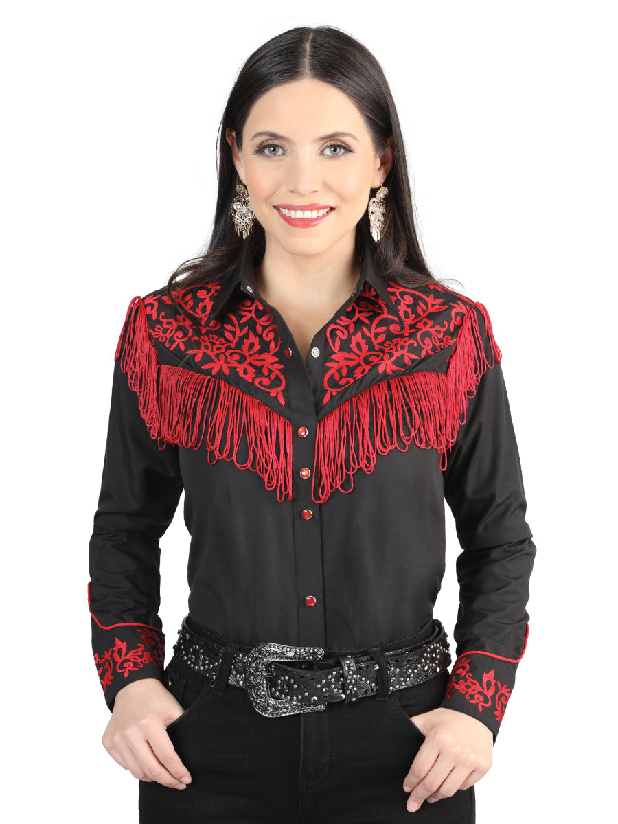 Camisa Vaquera Manga Larga Bordada Negro/Rojo para Mujer 'El Señor de los Cielos' - ID: 44181 Camisas Bordadas El Señor de los Cielos