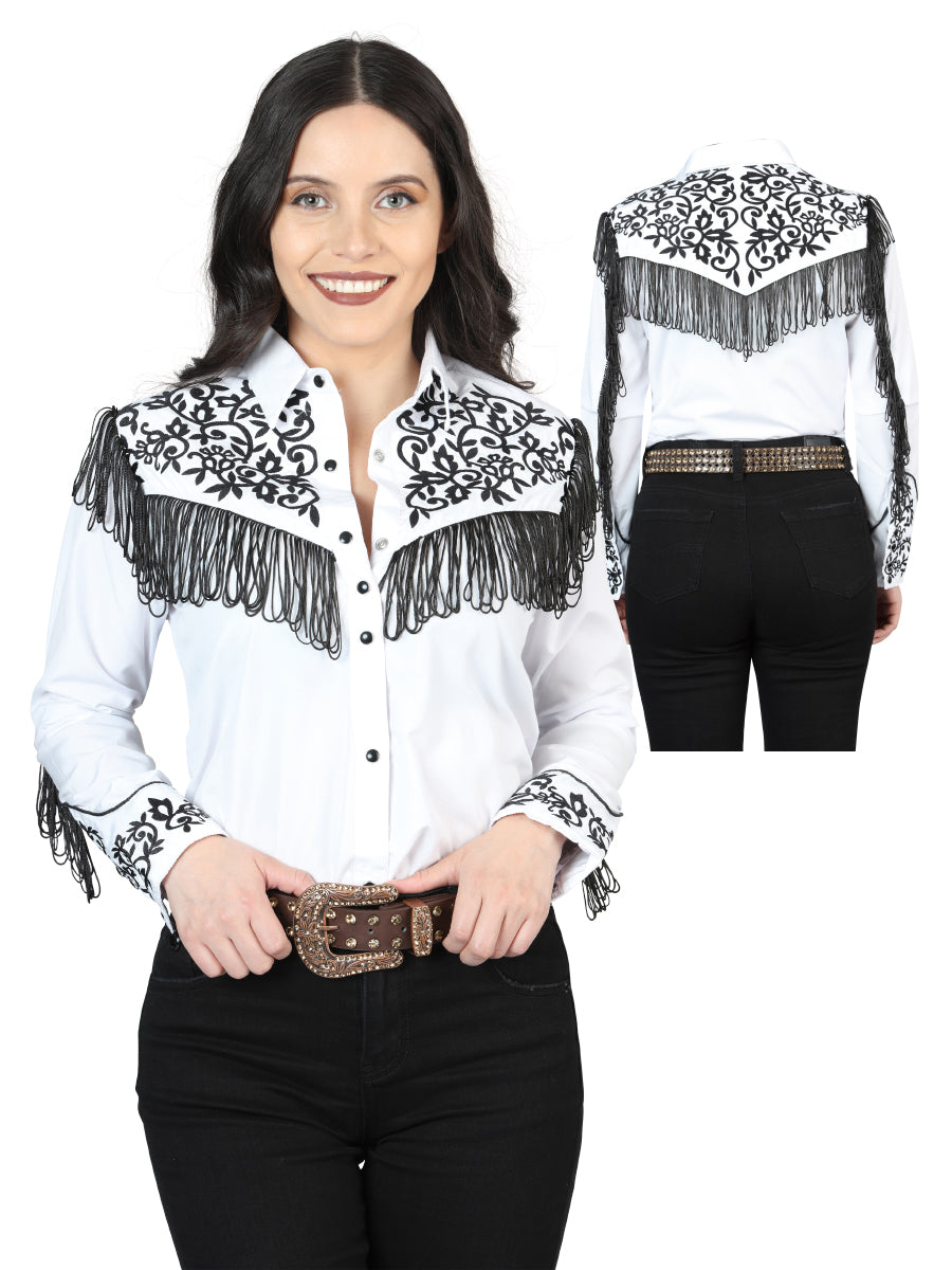 Camisa Vaquera Manga Larga Bordada Blanco/Negro para Mujer 'El Señor de los Cielos' - ID: 44182 Camisas Bordadas El Señor de los Cielos