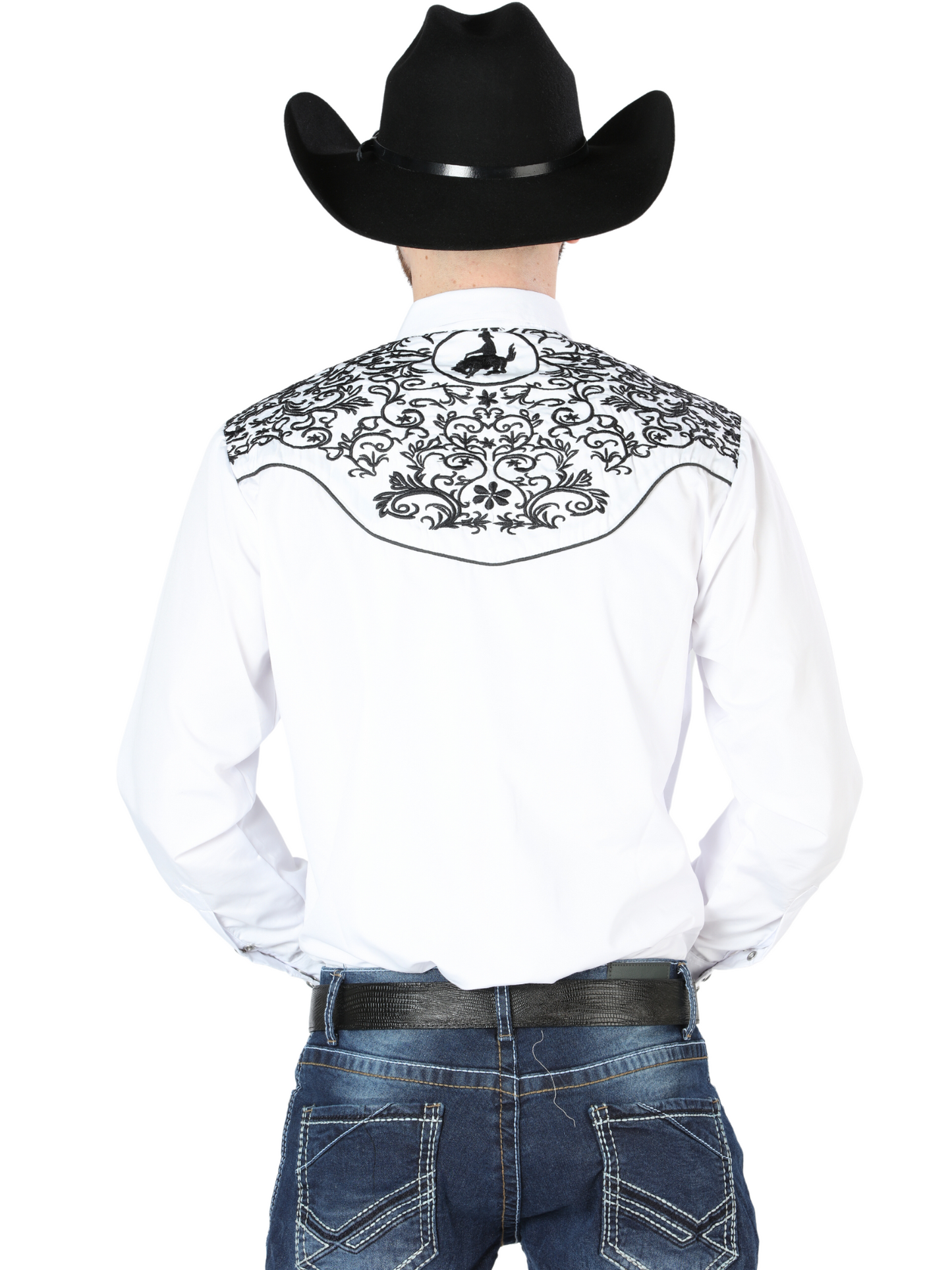 Camisa Vaquera Bordada Manga Larga Blanco para Hombre 'El Señor de los Cielos' - ID: 44188 Camisas Bordadas El Señor de los Cielos