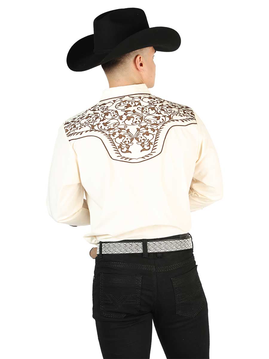 Camisa Vaquera Bordada Manga Larga Beige para Hombre 'El Señor de los Cielos' - ID: 44196 Camisas Bordadas El Señor de los Cielos