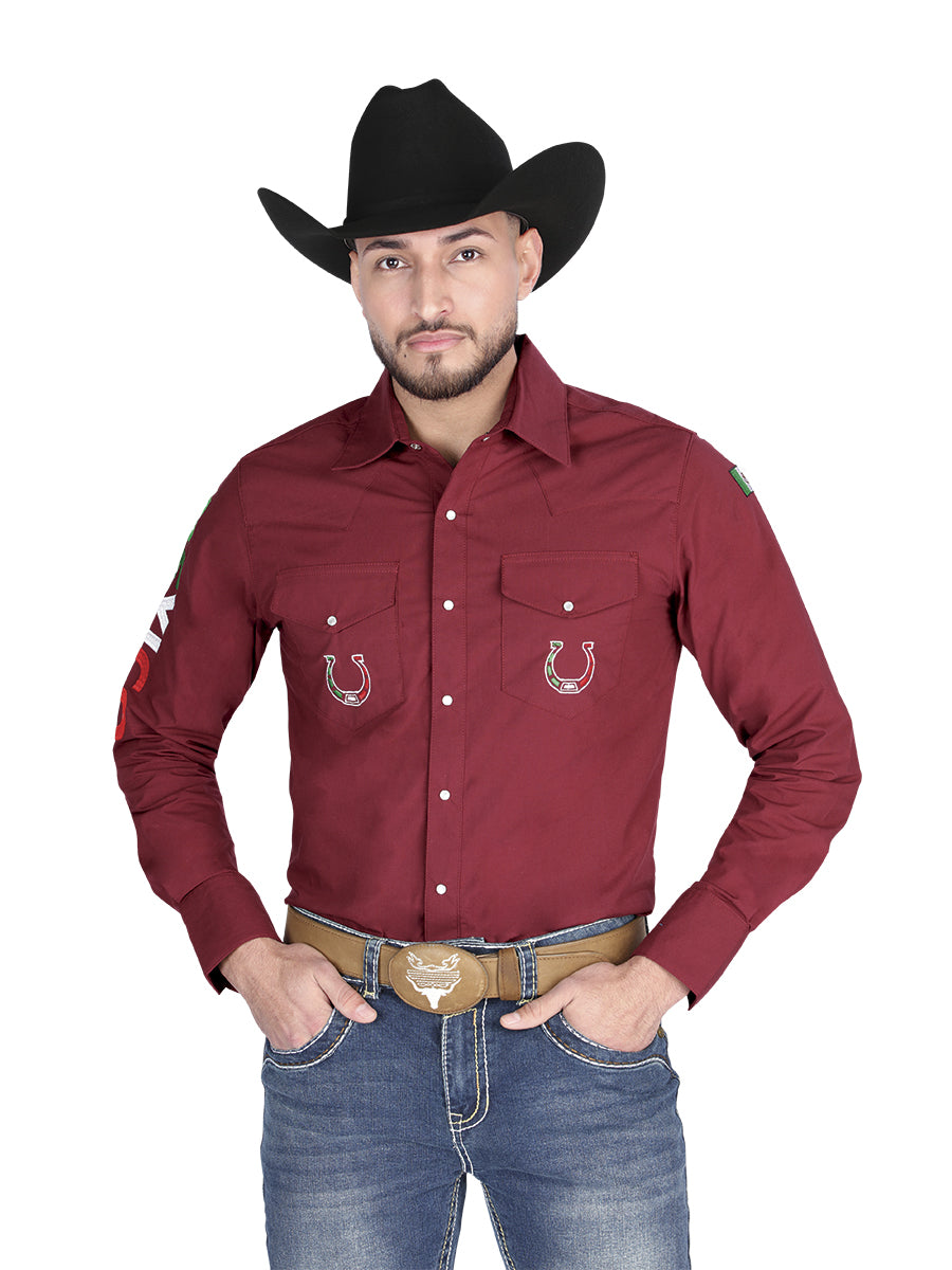 Men's Long Sleeve Wine Red Mexican Embroidered Denim Shirt 'El General' - ID: 44280 Men's Long Sleeve Wine Red Mexican Embroidered Denim Shirt 'El General' - ID: 44280