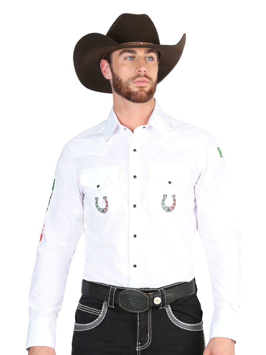 White Long Sleeve Mexico Embroidered Denim Shirt for Men 'El General'