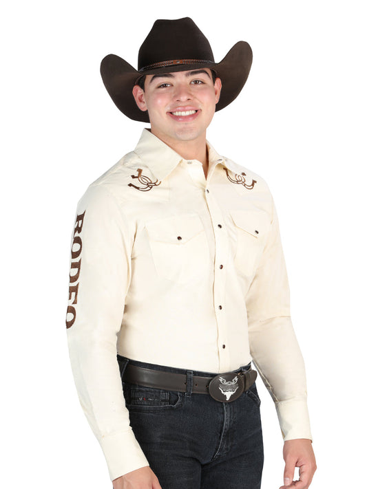 Camisa Vaquera Bordada Rodeo Manga Larga Beige para Hombre 'El General' - ID: 44289 Western Shirt El General Beige
