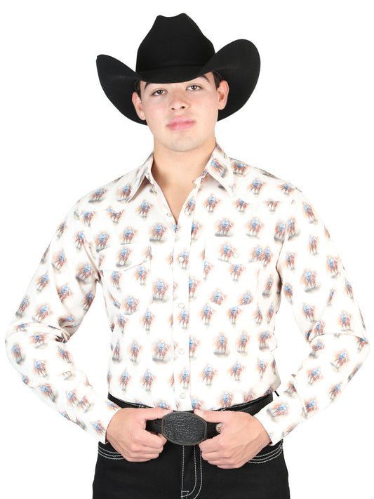 Camisa Vaquera Manga Larga de Broches Estampada Cafe para Hombre 'El General' - ID: 44307 Western Shirt El General Brown