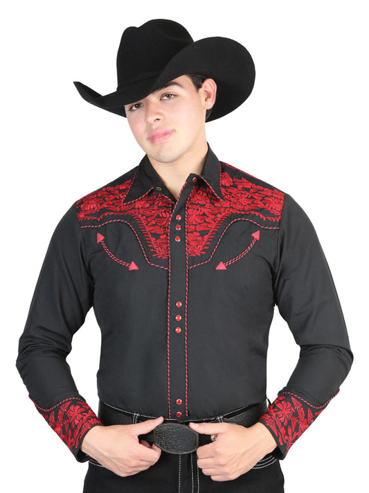 Camisa Vaquera Bordada Manga Larga Negro/Rojo para Hombre 'El General' - ID: 44335 Western Shirt El General Black/Red