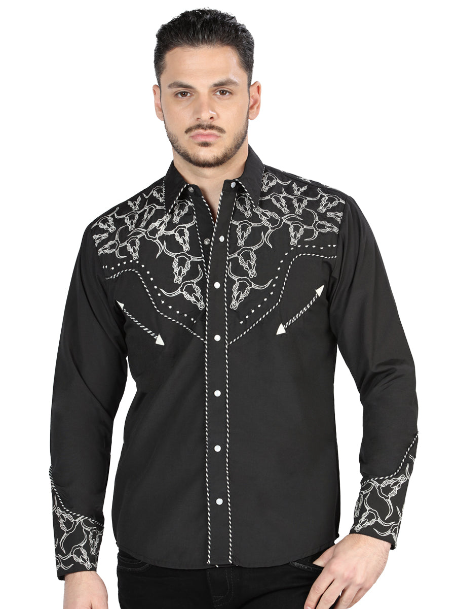 Men's Black/Silver Long Sleeve Embroidered Denim Shirt 'El General' - ID: 44340 Men's Black/Silver Long Sleeve Embroidered Denim Shirt 'El General' - ID: 44340