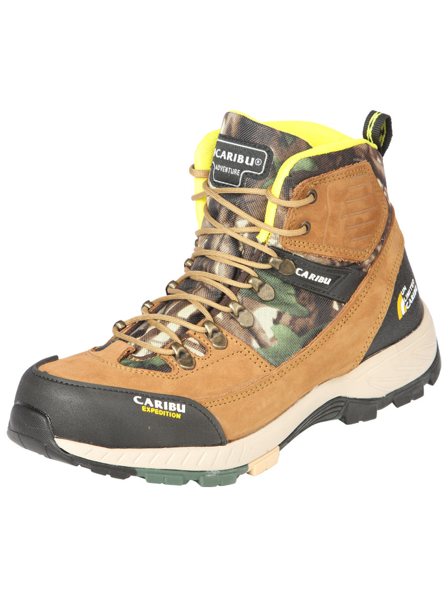 Botines de Trabajo Tipo Senderismo de Agujetas con Punta Suave de Piel Nobuck para Hombre 'Caribu' - ID: 44368 Botas de Agujetas Caribu Cajeta/Camuflaje