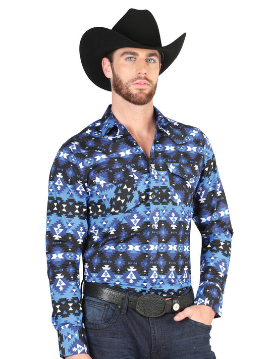 Camisa Vaquera Manga Larga de Broches Estampada Azul para Hombre 'El Señor de los Cielos' - ID: 44398 Western Shirt El Señor de los Cielos Blue